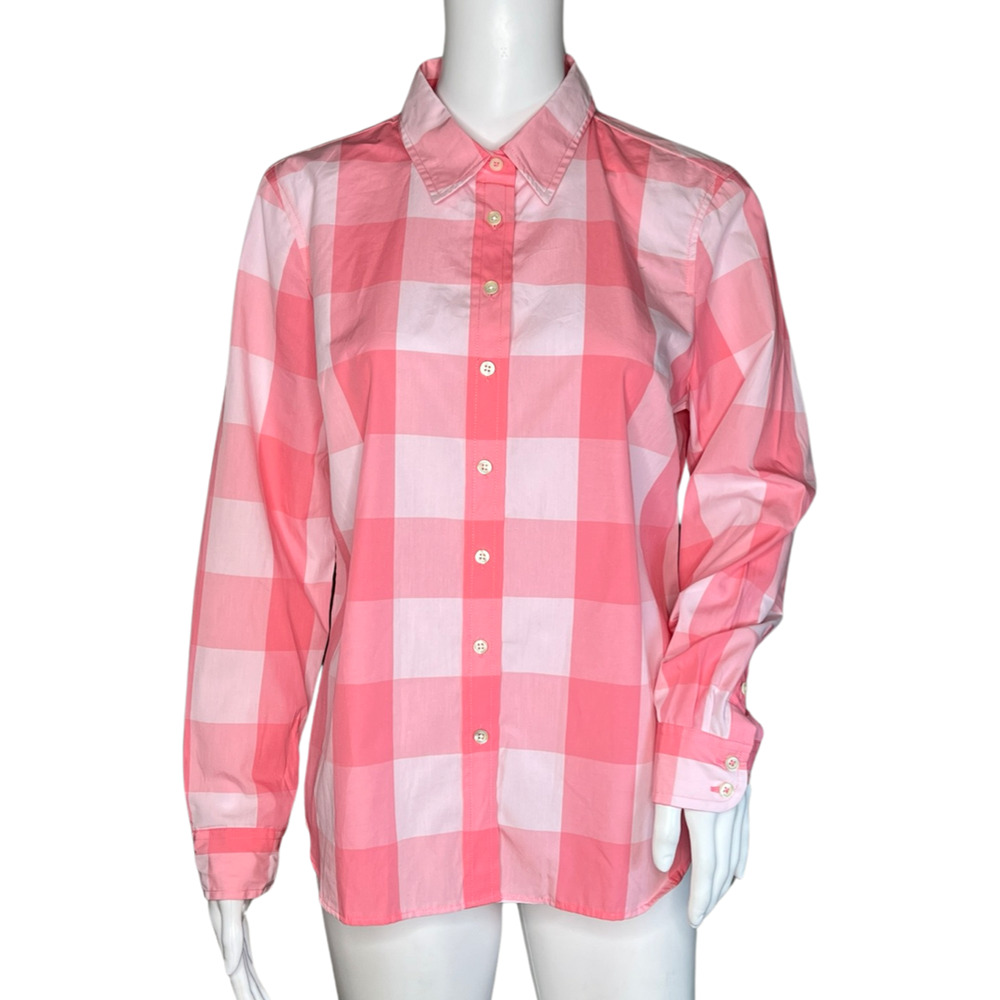 Talbots Shirt Womens Medium Petite Pink Gingham Plaid Picnic Casual Cottagecore